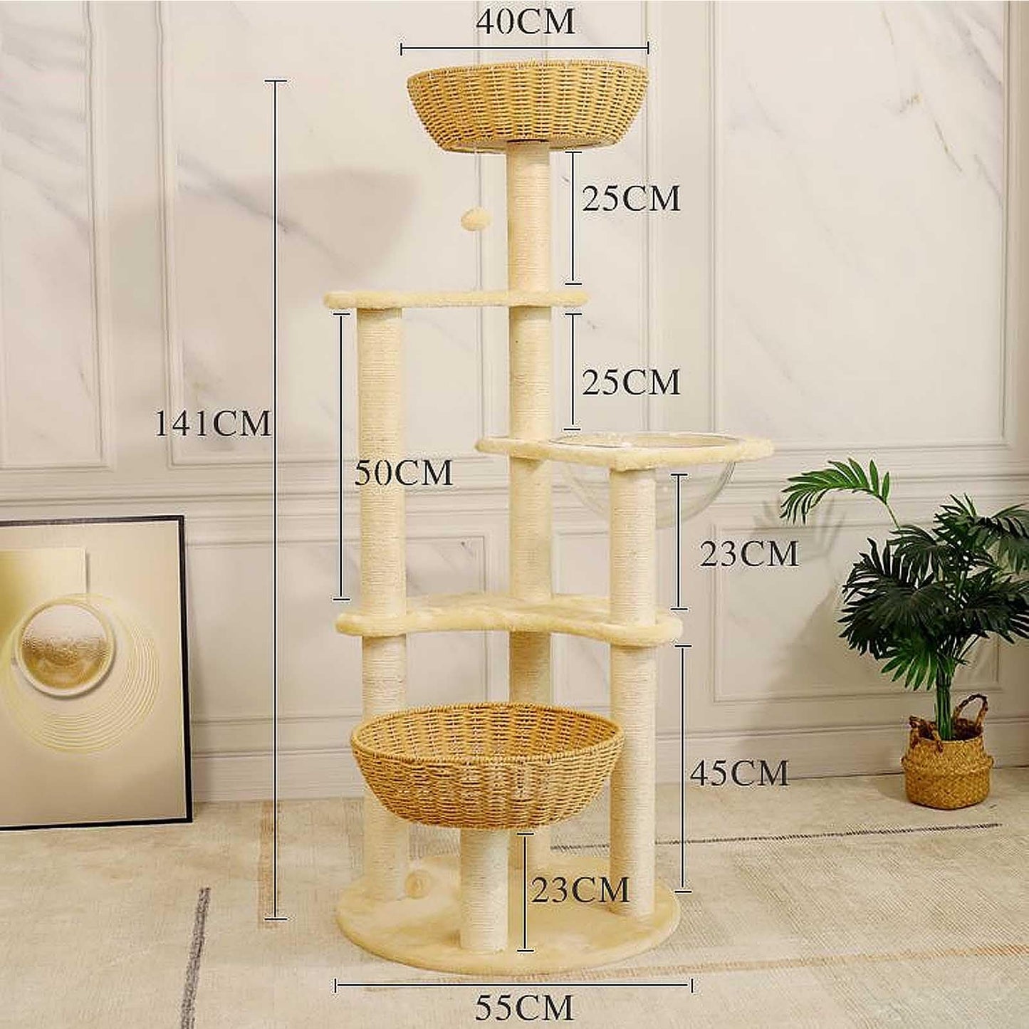 141cm Large Cat Tree Tower with Scratching Posts, Perches, Basket & Plush Cat Condo