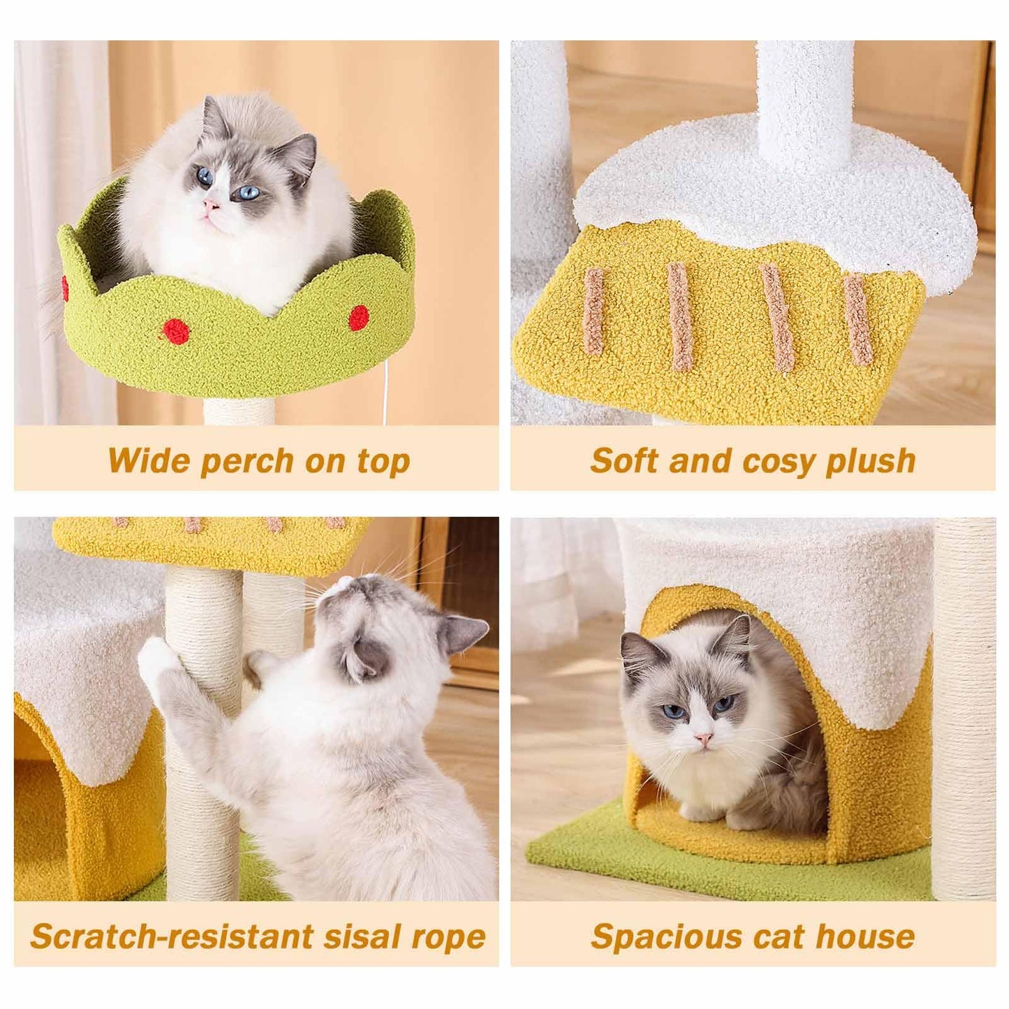 Cat Tree Tower with Sisal Scratching Posts, Perch & Hanging Toys for Indoor Cats - Green