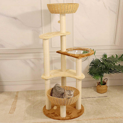 141cm Cat Tree Tower with Ladder, Scratching Posts & Play Toys for Indoor Cats