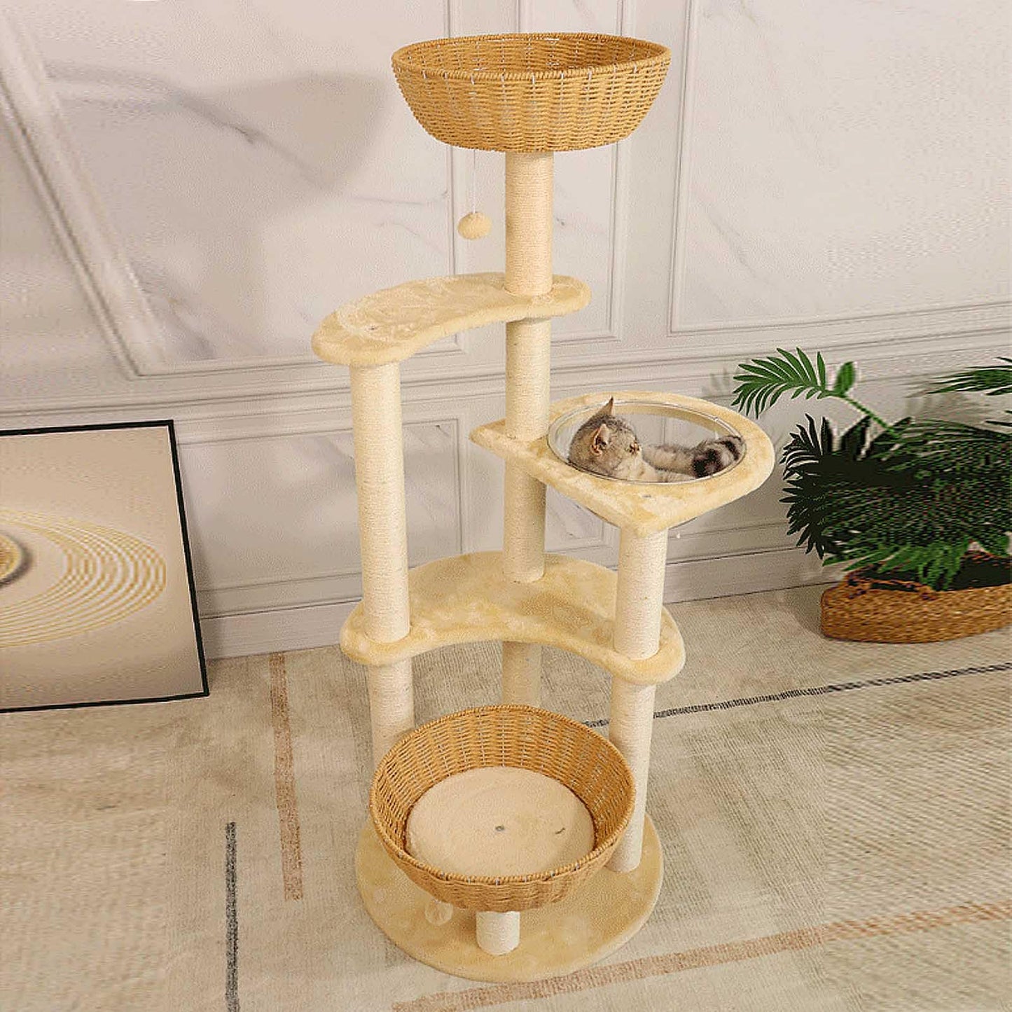 141cm Large Cat Tree Tower with Scratching Posts, Perches, Basket & Plush Cat Condo