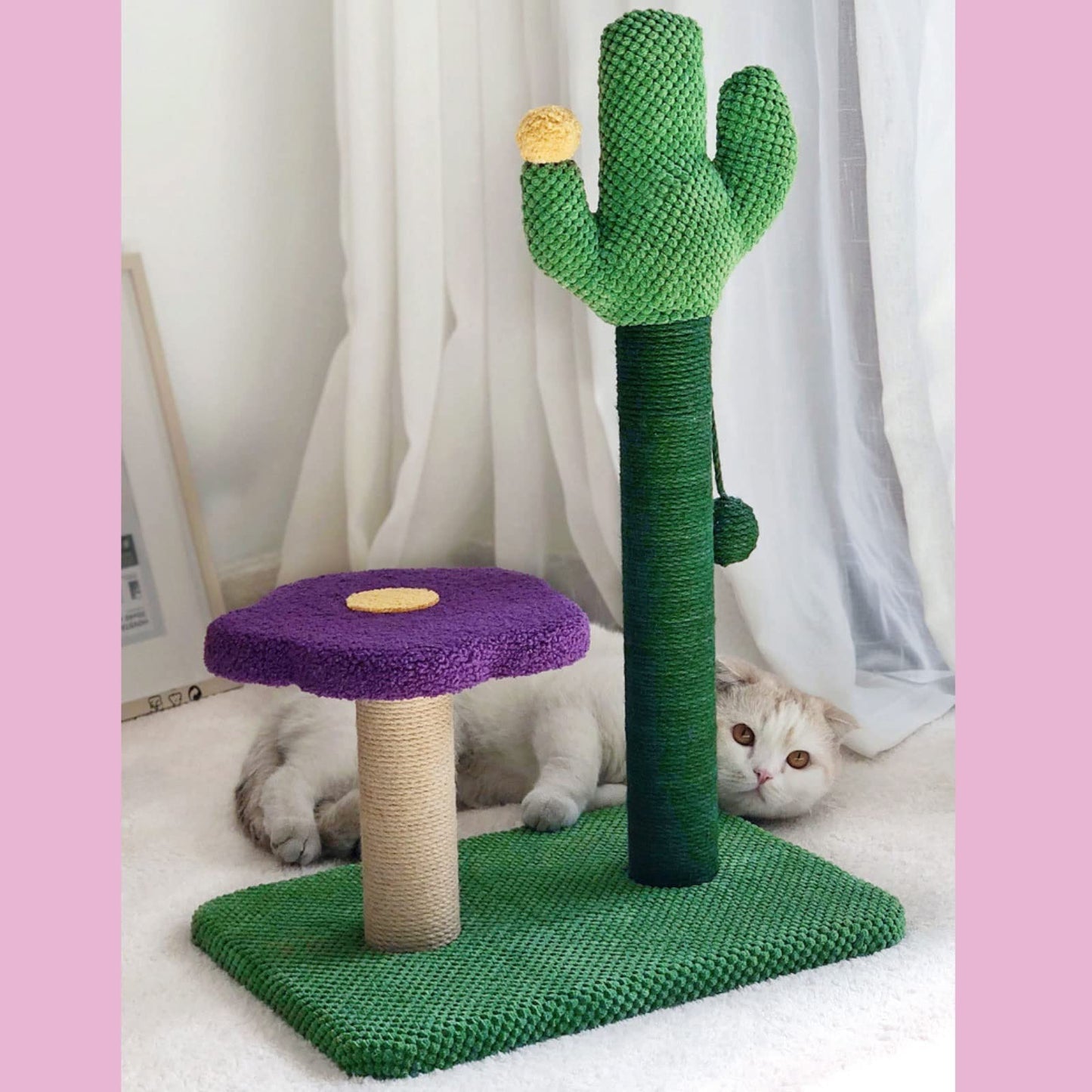 Luxury Cactus Cat Tree Tower with Flower Hammock & Sisal Scratching Post - Purple