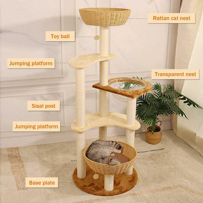 141cm Cat Tree Tower with Ladder, Scratching Posts & Play Toys for Indoor Cats