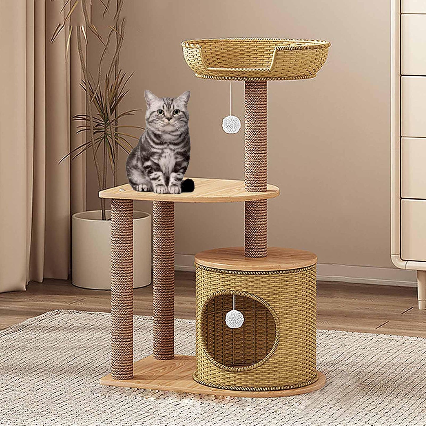 Multi-Level Cat Tree Tower with Sisal Scratching Posts, Hanging Toys & Cat Condo