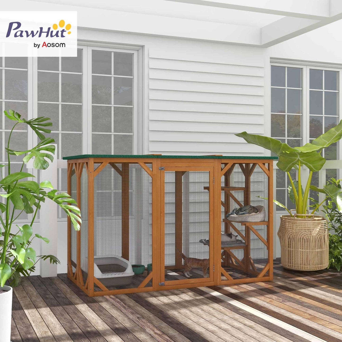 PawHut Outdoor Cat House Wooden Catio Shelter with Platforms & Weatherproof Roof